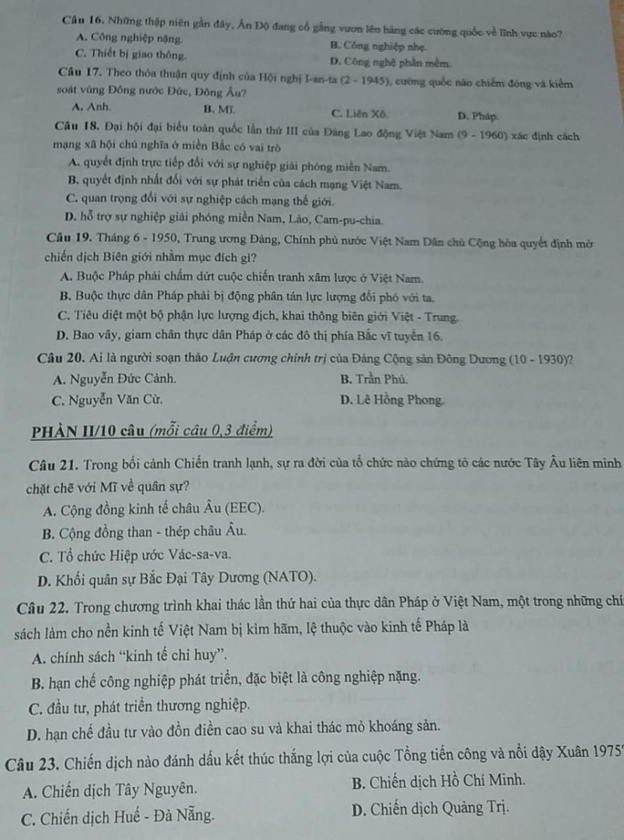 Gợi ý giải đề thi môn Lịch sử vào lớp 10 tại Hà Nội