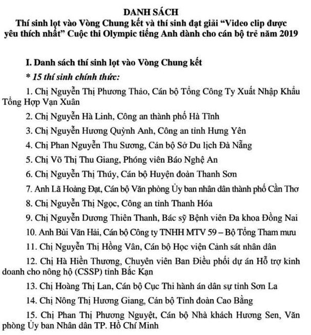 15 thi sinh lot vong chung ket cuoc thi olympic tieng anh danh cho can bo tre 2019