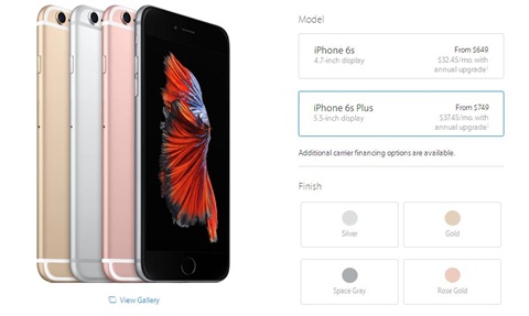 Giá bán của iPhone 6S và iPhone 6S Plus được niêm yết trên trang chủ của Apple