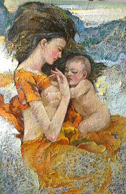 Bức tranh 'Mẫu Tử' của họa sĩ Đinh Ngọc Thắng mang lại cảm xúc thiêng liêng của tình cảm mẹ con chốt giá bán 25 triệu đồng.