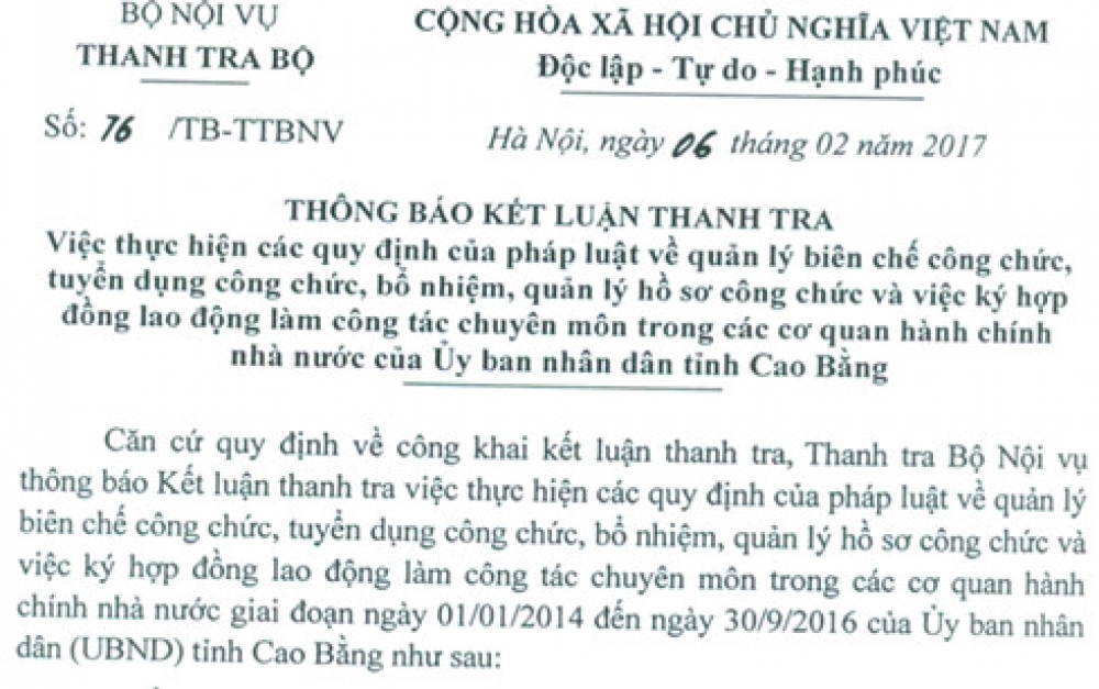Bộ Nội vụ làm rõ sai phạm trong bổ nhiệm cán bộ ở Cao Bằng