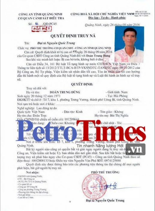 Phát lệnh truy nã đặc biệt nghi can gây ra vụ thảm sát ở Uông Bí