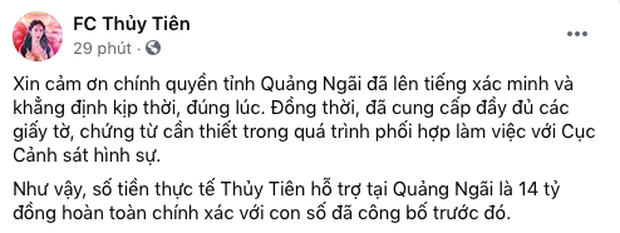 Ekip Thủy Tiên thông báo tỉnh Quảng Ngãi xác minh nhận 14 tỷ tiền từ thiện