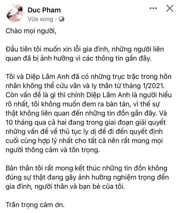 Sao Việt ngày 1/11: Chồng Diệp Lâm Anh xác nhận đã ly thân