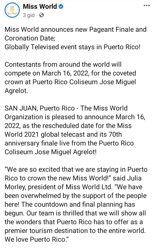 Miss World 2021 thông báo thời gian tổ chức đêm chung kết