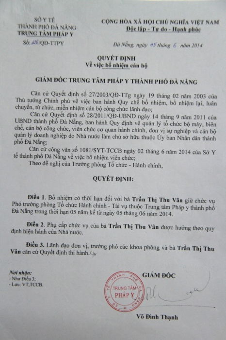 bo nhiem dung quy trinh o trung tam phap y da nang