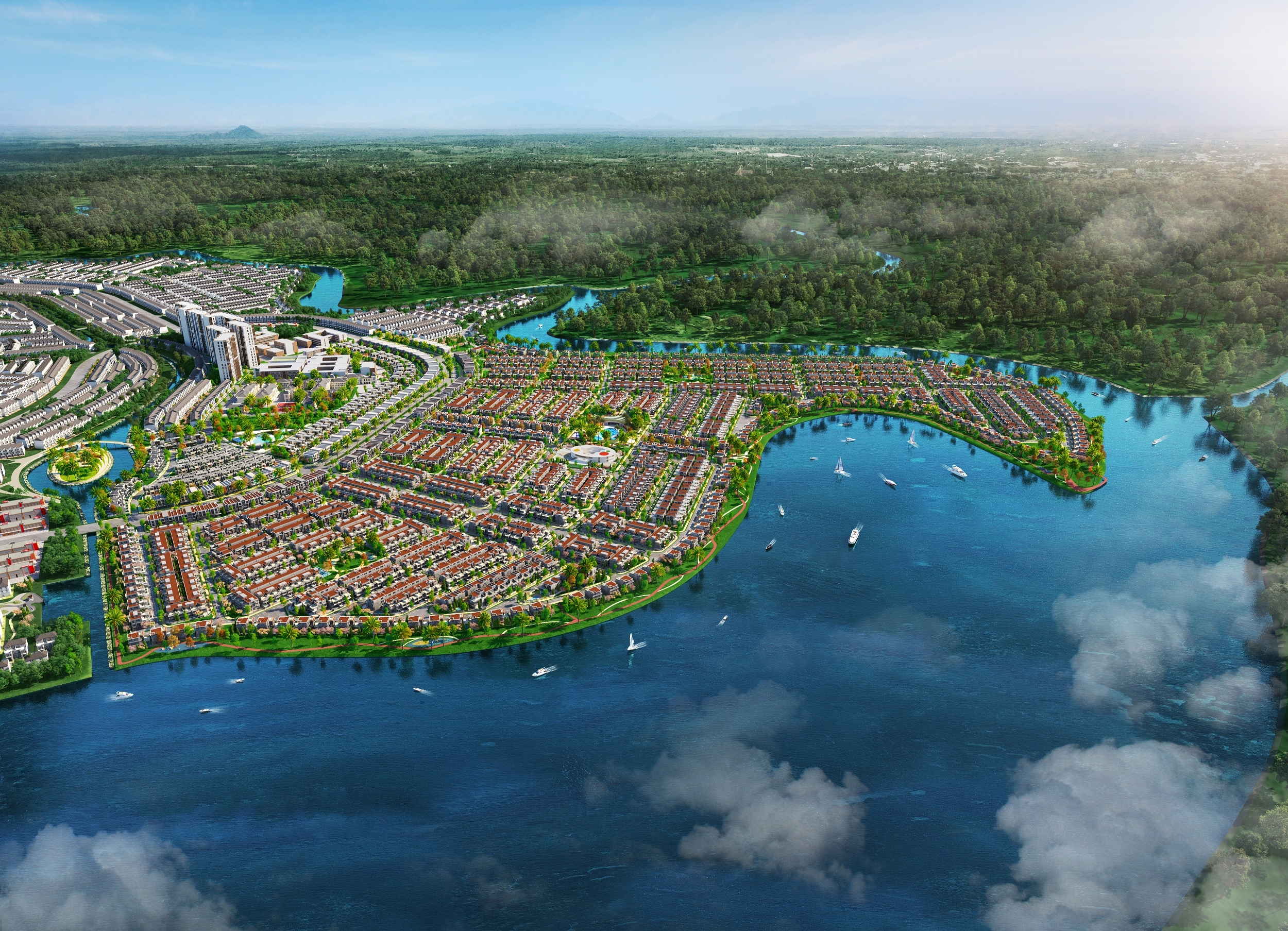 Đô thị đảo Phượng Hoàng trong miền xanh sinh thái tiện nghi tại Aqua City được giới thiệu vừa qua. Ảnh phối cảnh: Novaland.