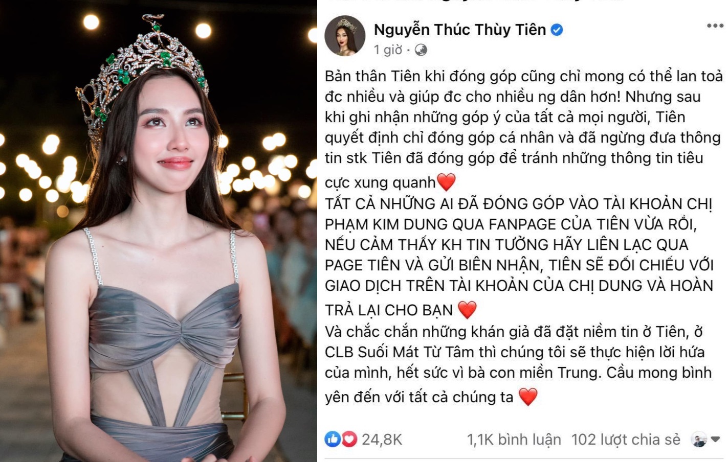 Hoa hậu Thùy Tiên ngừng kêu gọi ủng hộ bão lũ miền Trung, do ý kiến trái chiều từ cư dân mạng