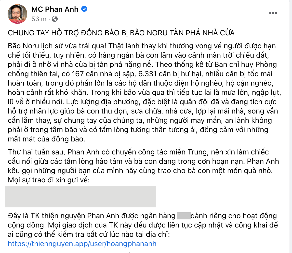 MC Phan Anh kêu gọi ủng hộ đồng bào miền Trung sau bão lũ