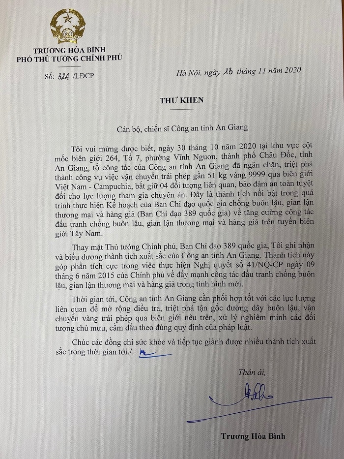 Phó Thủ tướng Thường trực Trương Hòa Bình khen ngợi Công an An Giang vụ bắt gần 51 kg vàng