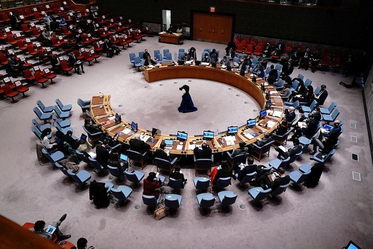 Toàn cảnh cuộc họp của Hội đồng Bảo an Liên hợp quốc sau cuộc xâm lược của Nga vào Ukraine, tại Trụ sở Liên hợp quốc ở Manhattan, Thành phố New York, New York, Hoa Kỳ ngày 28 tháng 2 năm 2022.