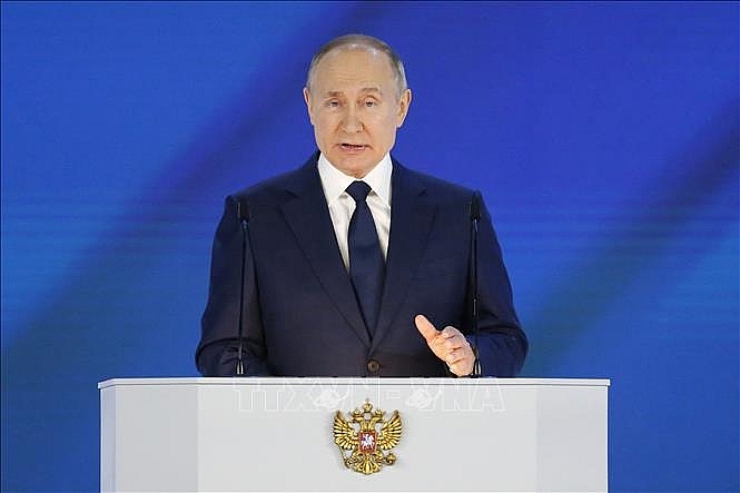 Tổng thống Nga Vladimir Putin đọc Thông điệp Liên bang thứ 27 tại Moskva ngày 21/4/2021. 