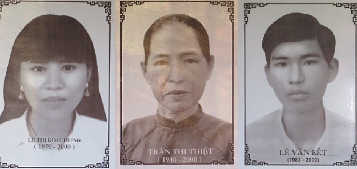 Di ảnh các nạn nhân Lê Thị Kim Chung, Trần Thị Thiệt, Lê Văn Kết.