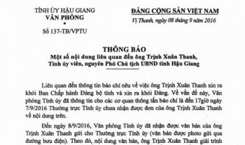 Hậu Giang đã nhận được đơn xin ra khỏi Đảng của ông Trịnh Xuân Thanh