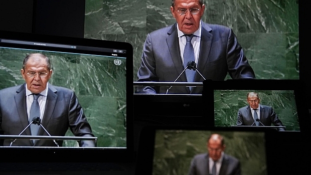 Ngoại trưởng Nga Sergey Lavrov phát biểu qua video tại một cuộc họp báo tại phiên họp thứ 76 của Đại hội đồng Liên Hợp Quốc ngày 25/9. 