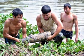 Lính công binh lặn sông tìm đạn pháo 155 ly